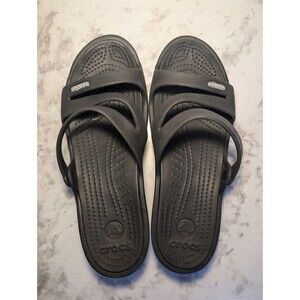 Croc Flip Flop Woman Sz 7 Black Wedge Heel Strappy Slip On Sandal Comfort Shoe